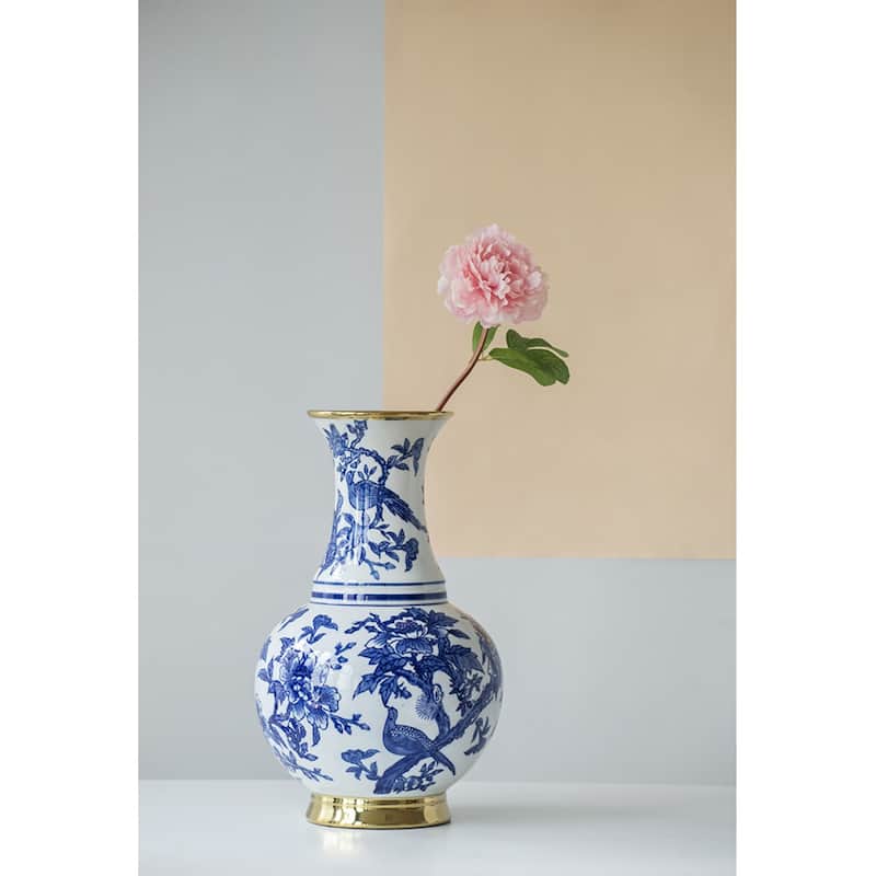 Large Chinoiserie Floral and Bird Porcelain Vase 16" White and Blue