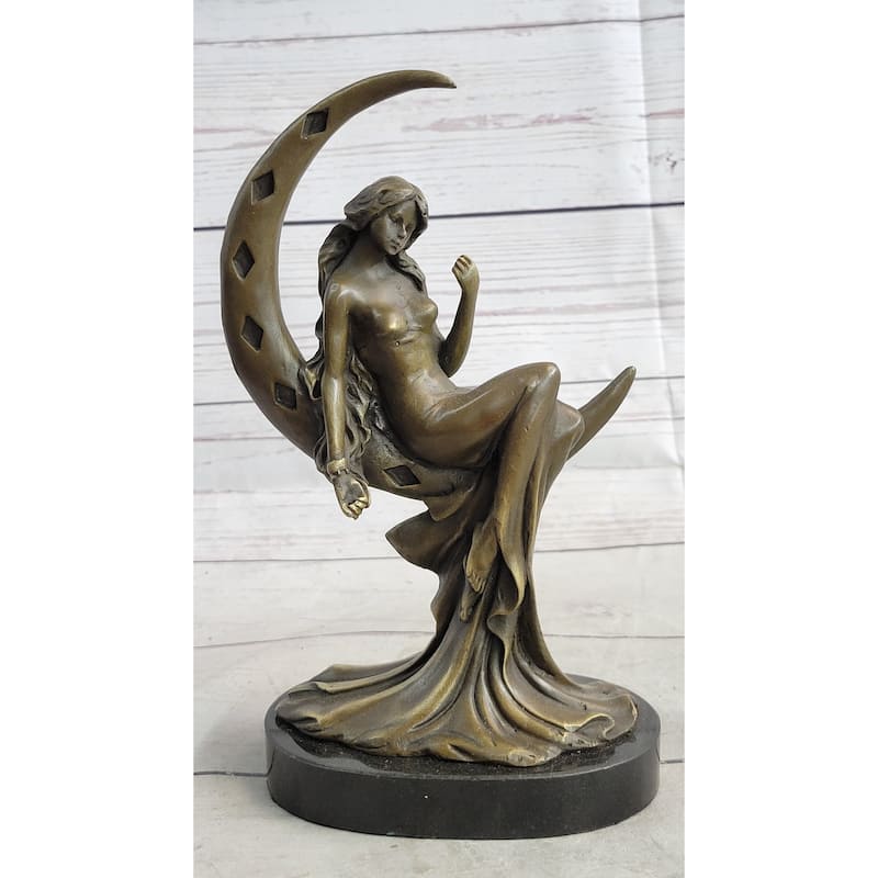 High Life Girl On Moon Bronze Statue Sculpture Figure 9 Inches X 6 Inches