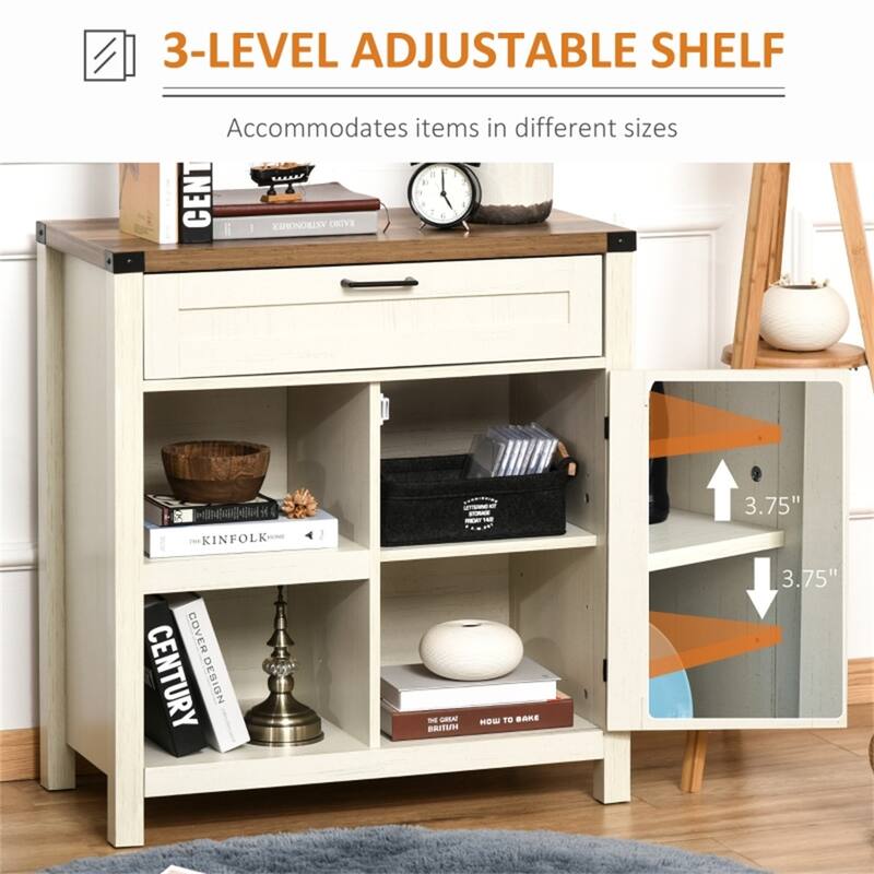 Rustic Distressed White Storage Cabinet with Barn Door and Drawer Open Shelves for Kitchen - 30"W x 15.25"D x 32.75"H