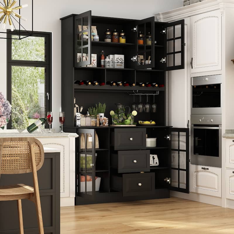 79"Pantry Storage Cabinet Glass Doors Sideboard Buffet Cabinet Lacquer