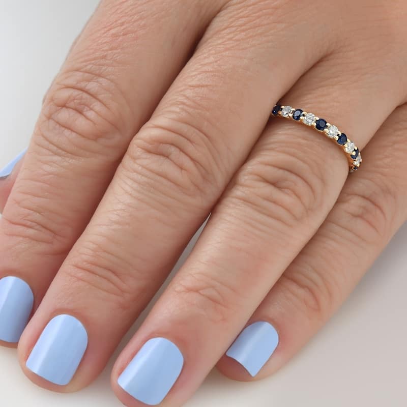 1 cttw Blue Sapphire Diamond Wedding Eternity Ring Yellow Gold
