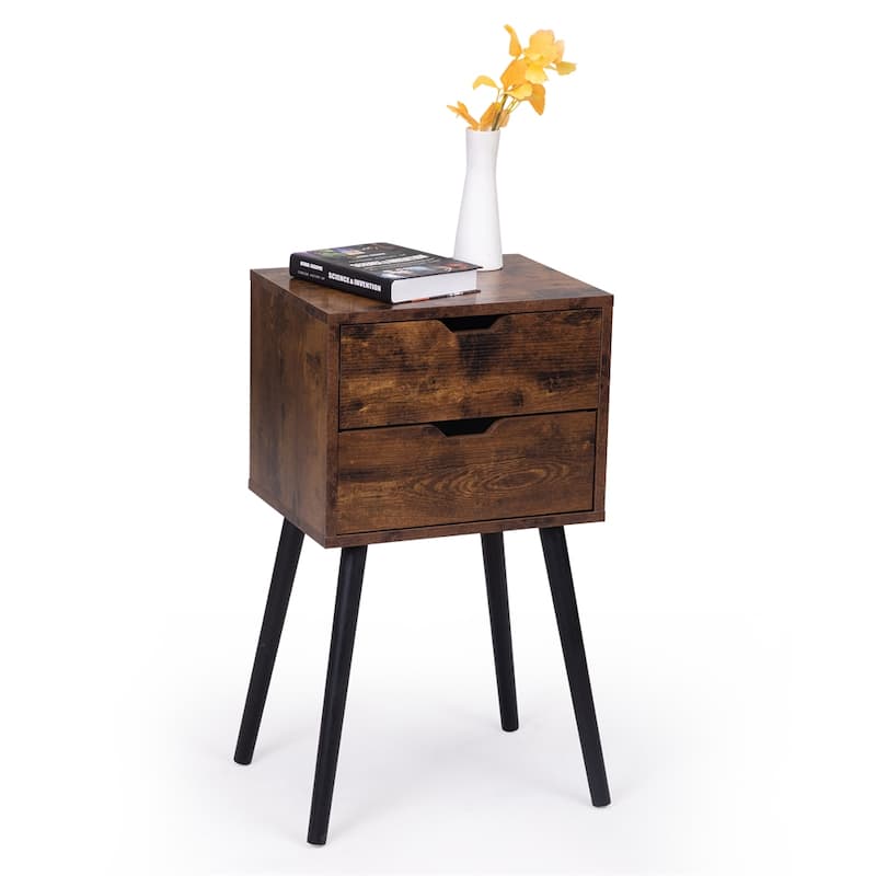Wood Nightstand with 2 Drawers and Solid Wood Legs