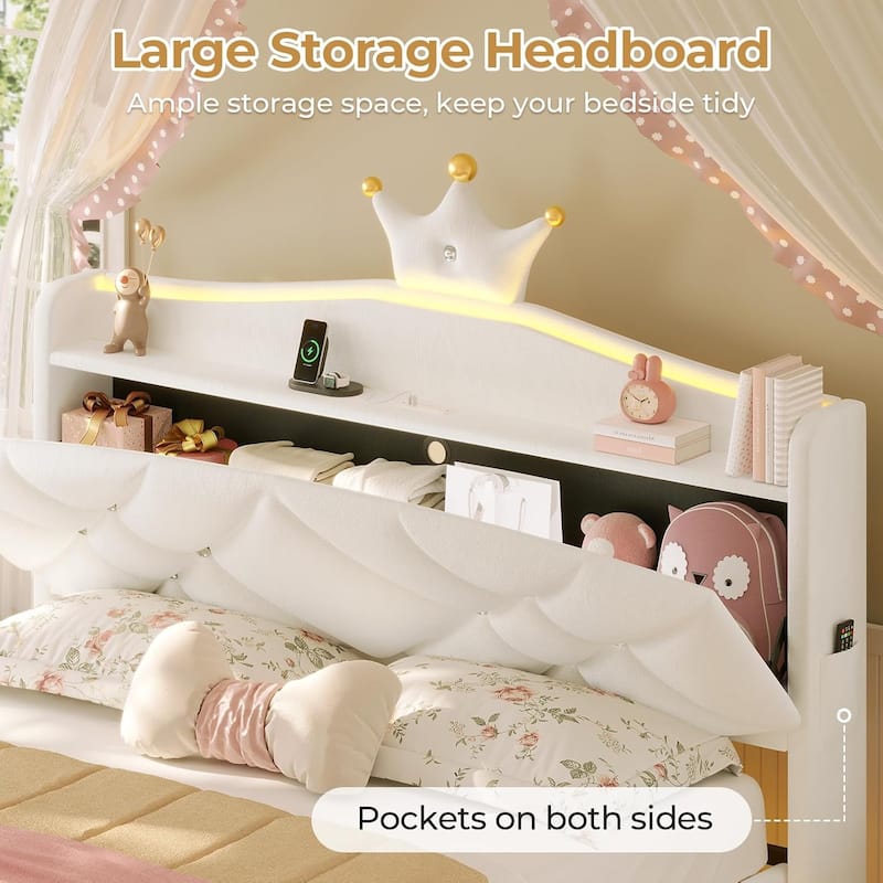 Princess Upholstered Bed with Headboard Charging Station Crystal Button Crown