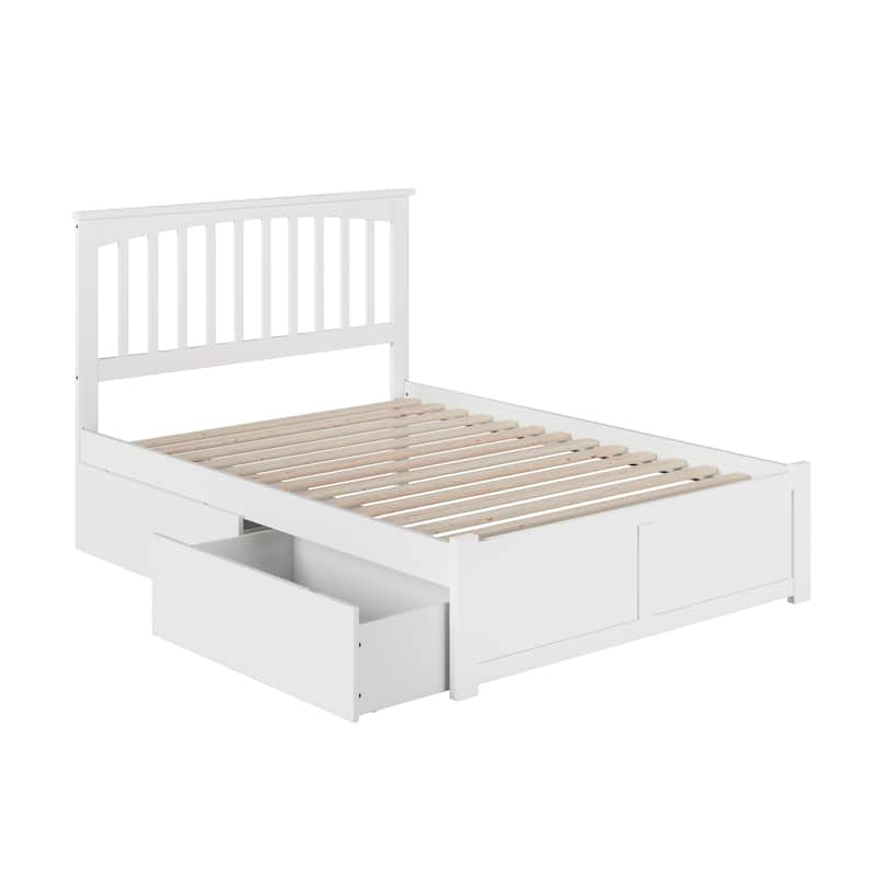 Mission Full Solid Wood Platform Bed with Footboard & 2 Storage Drawers in White