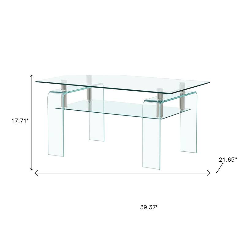 HomeRoots 39" Clear Glass Coffee Table With Shelf - 39.37 in. x 17.71 in. x 21.65 in.