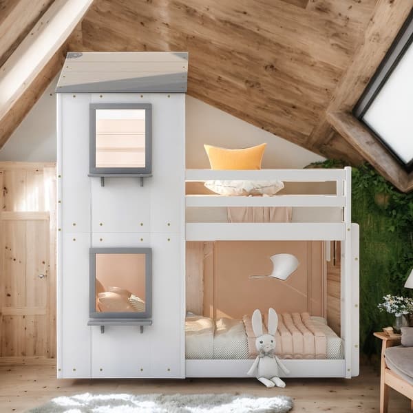 slide 2 of 34, Multifunction Twin Over Twin Roof Window Bunk Bed With Guardrail And Ladder White