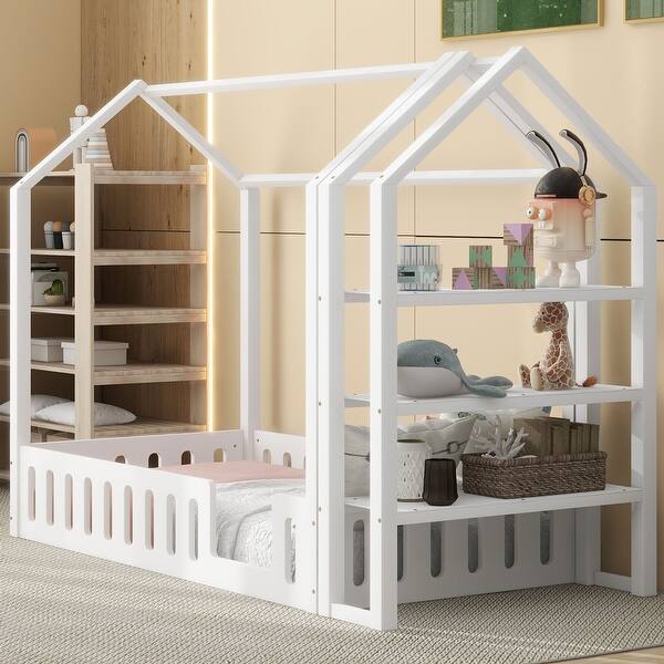 slide 2 of 17, Twin House Bed Floor Bed Fence-shaped Guardrail Creativity House Bed with Fence and Detachable Storage Shelves - White White - Twin
