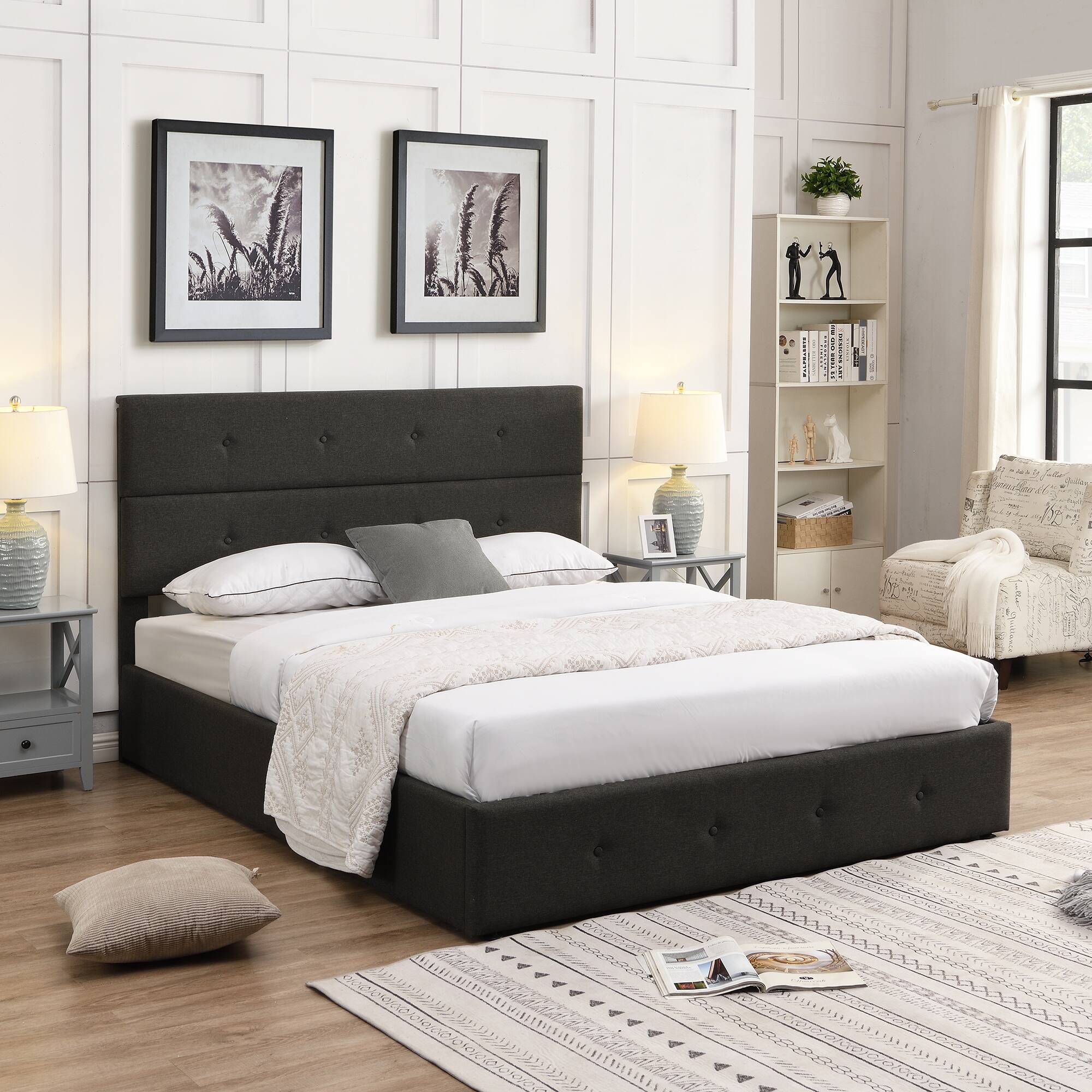 Upholstered Platform Bed with Diamond Tufted Headboard (Full/Queen/King