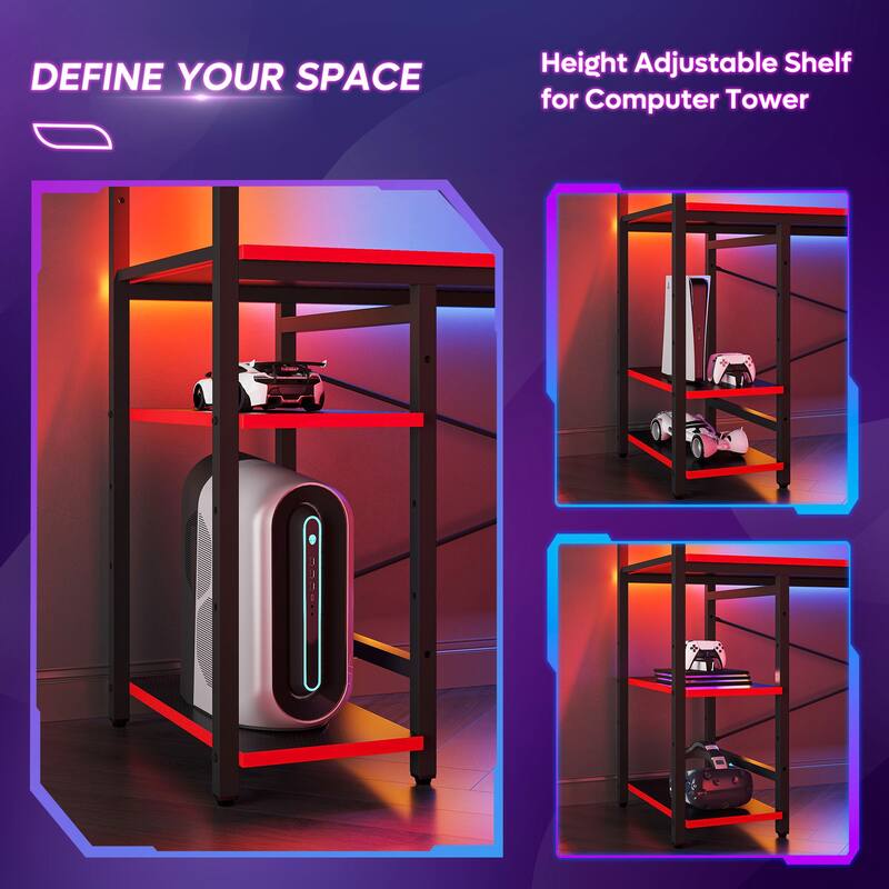 61" Gaming Desk Computer Desk with LED Lights Storage Shelves and Side Bag Home Office Desk