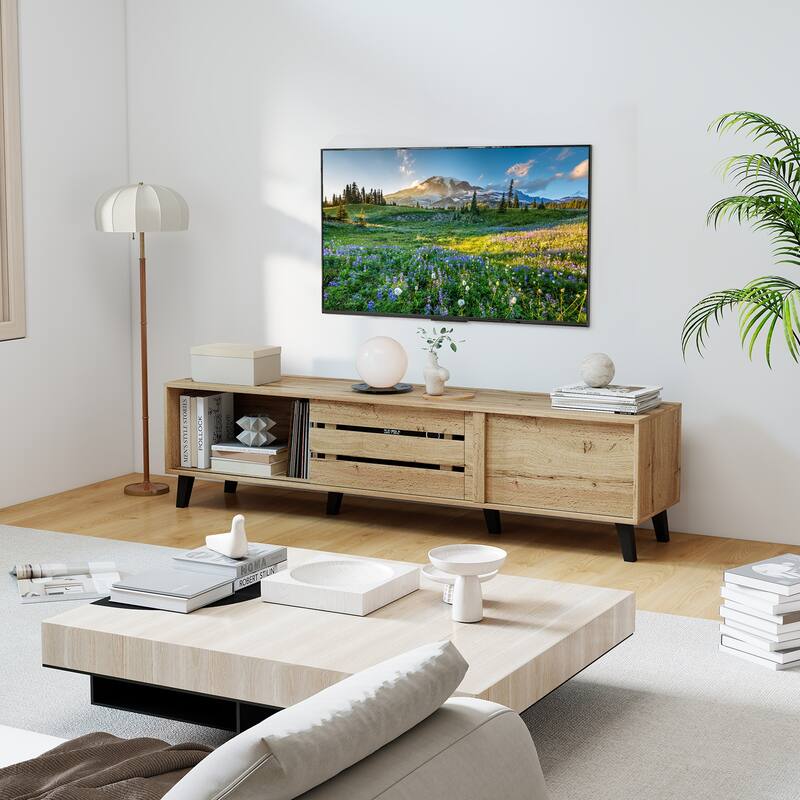 Gymax TV Stand for 80'' TVs w/Sliding Door Cabinets Storage Shelves