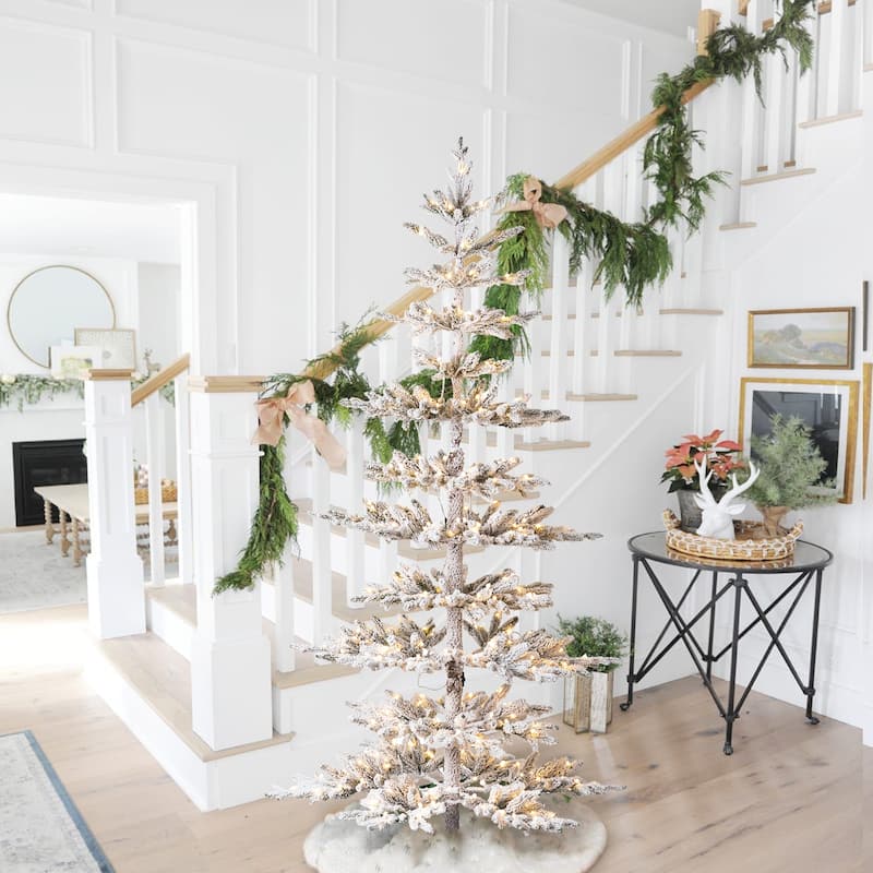 Glitzhome 6ft/7ft/9ft Deluxe Pre-Lit Flocked Slim Fir Artificial Christmas Tree with Warm White Lights - 7 Foot