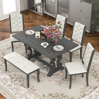 Six-piece dining table, long wooden table, four upholstered chairs, six-person kitchen table and ...