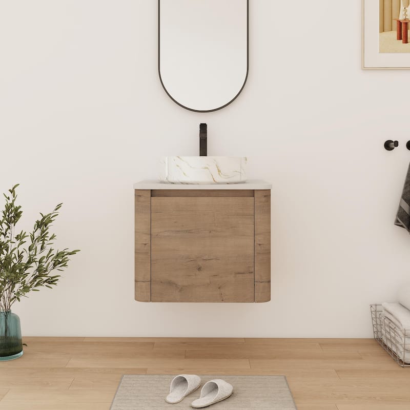 Bathroom Vanity With Sink In 24/30 Inch, Floating Bathroom Vanity With Soft Close Door - 23.6''W×18.6''D×24.4''H - Imitative Oak-White with golden lines 