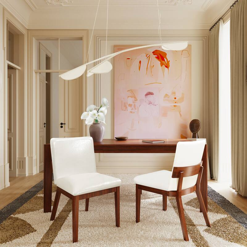 Modern Walnut-Finish Wood & White Glossy PU Leather Upholstered Dining Chairs Set of 2 - White