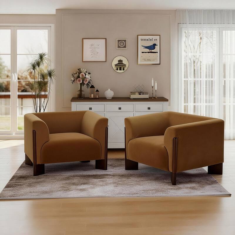 Upholstered Nordic Wide Seat Tuxedo Arms Barrel Chair Set of 2