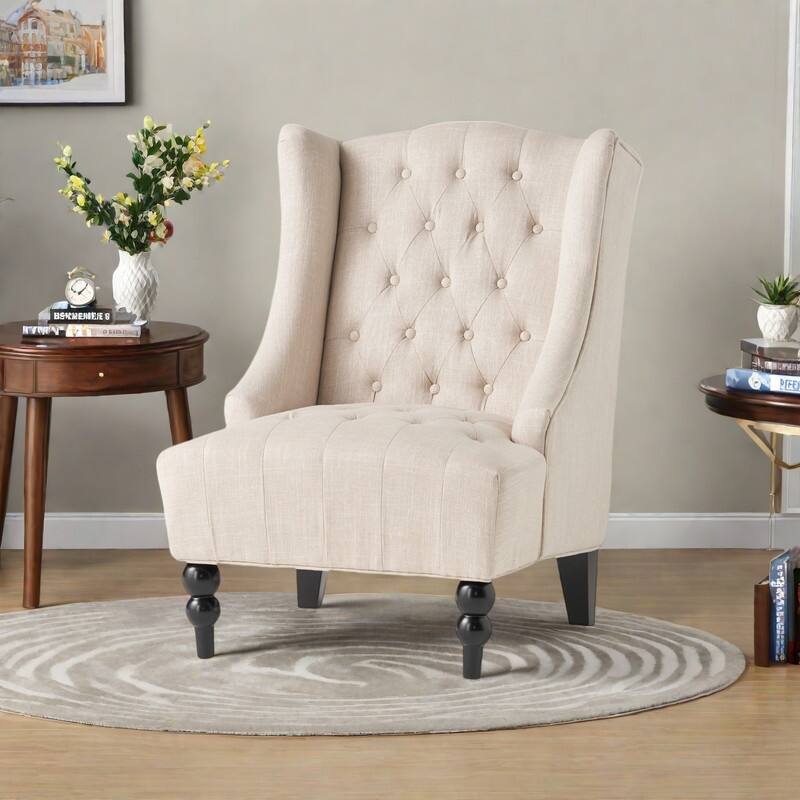 Wingback Club Chair with Birch Wood Legs and Button -Tufted Diamond Stitch Design - Light beige