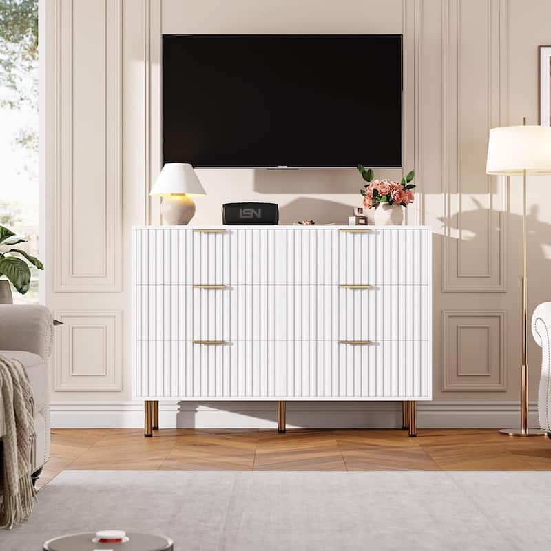 Fluted 6 Drawer Dresser, Modern Wide Chest with Deep Drawers, Wooden Storage Organizer for Living Room, Hallway