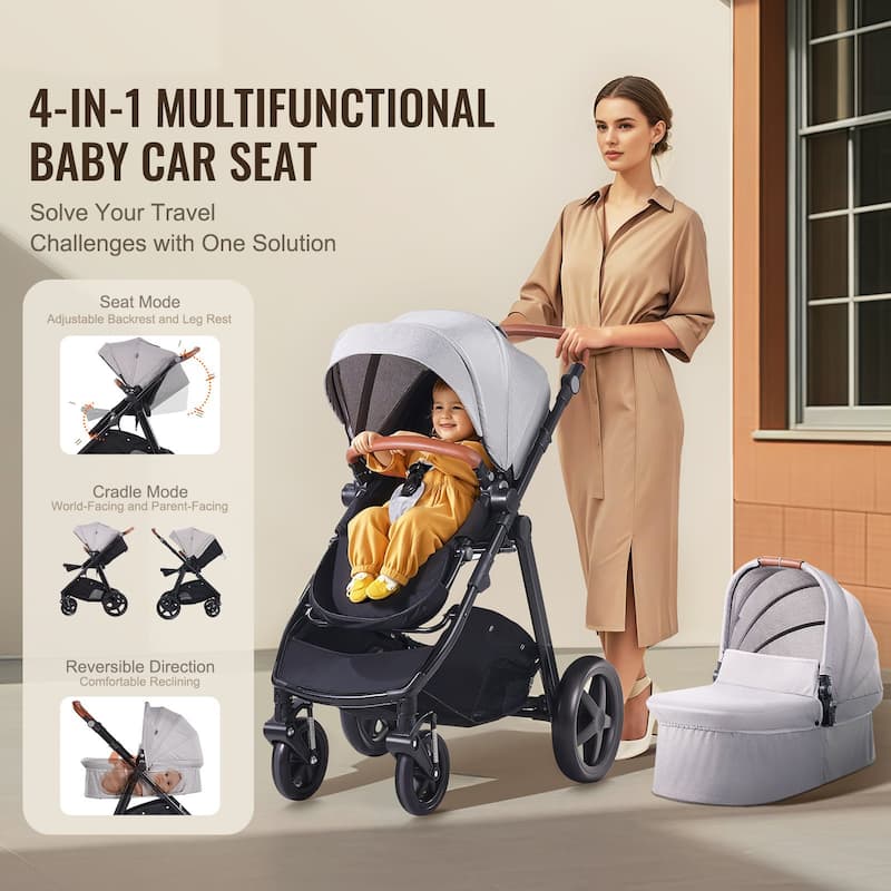 Oxford Aluminum Stroller with Bassinet and Adjustable Canopy - 35.4” L x 25.8” W x 43.9” H