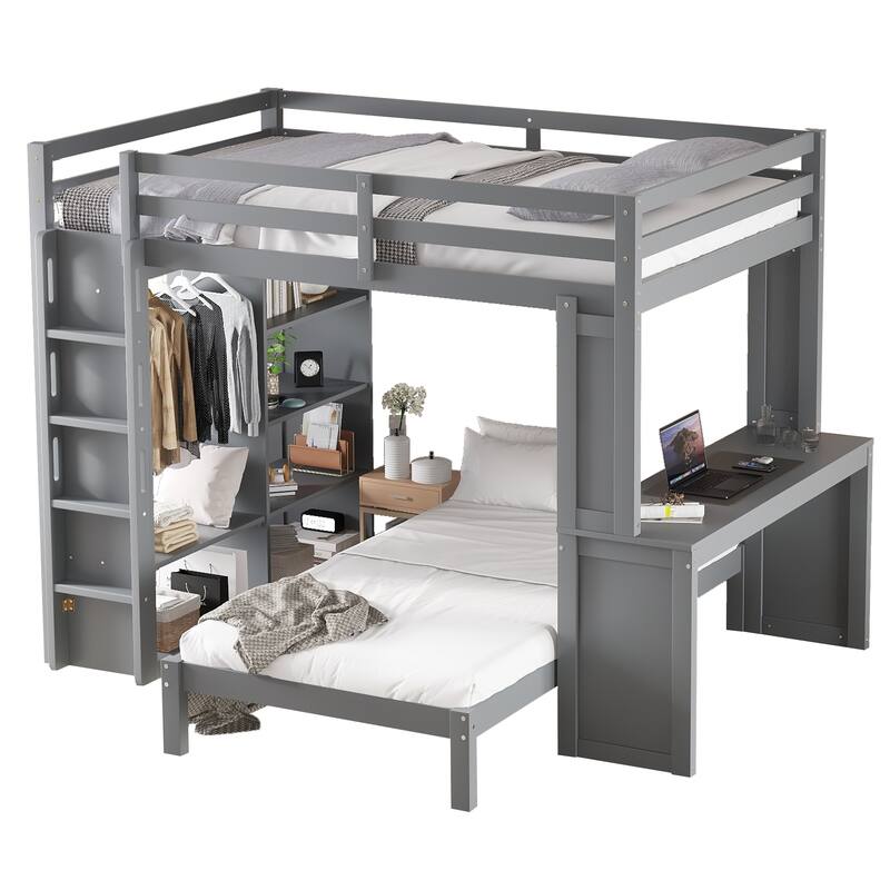 Roomfitters Full/Queen Solid Wood Bunk Bed with Dismountable Lower Bed, Desk, Shelves & Wardrobe, Convertible Loft