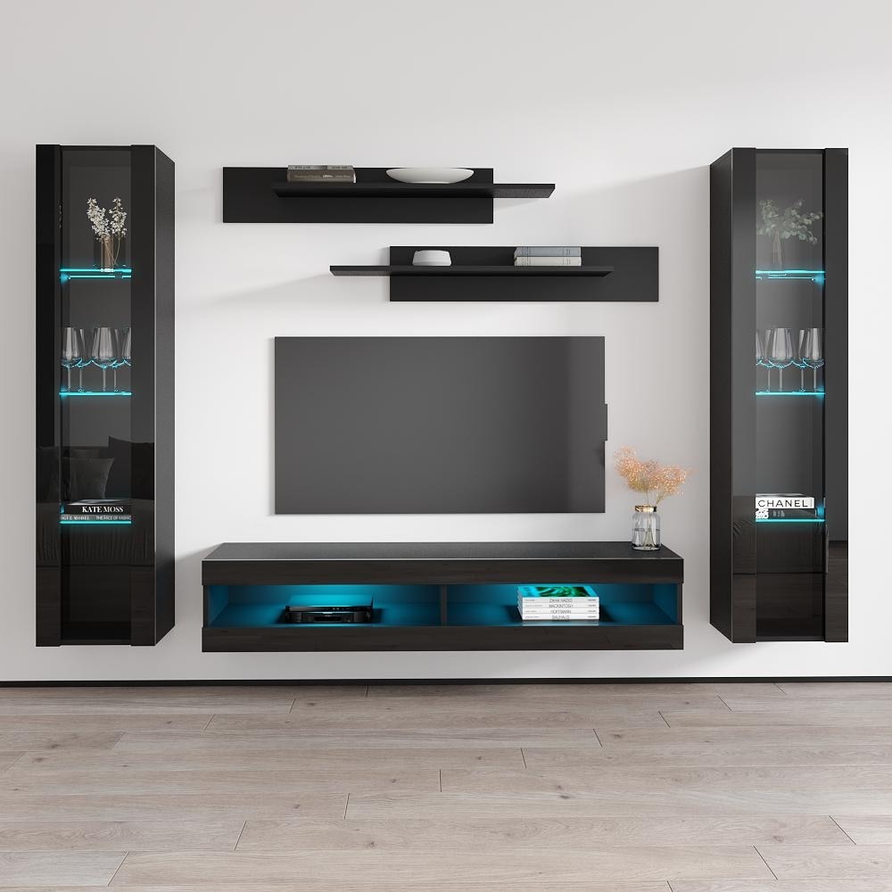 Meble Furniture Fly AB2 34TV Wall Mounted Floating Entertainment Center for up to 70" TVs - 102"W x 67"H - High Gloss