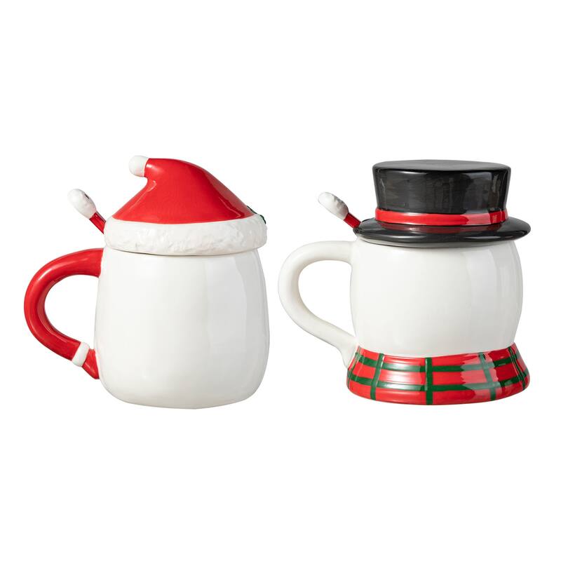 Glitzhome Set of 2 Christmas Ceramic Santa & Snowman Mug with Lid and Spoon