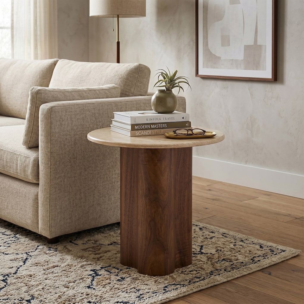 Furniture of America Yovik Modern Walnut Wood Pedestal Base End Table with Sintered Stone Top