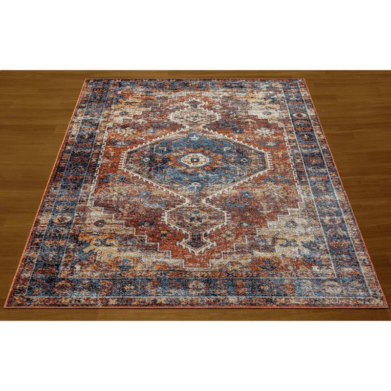 Sevita Distressed Bordered Blue Orange Medallion Machine-Washable Rug