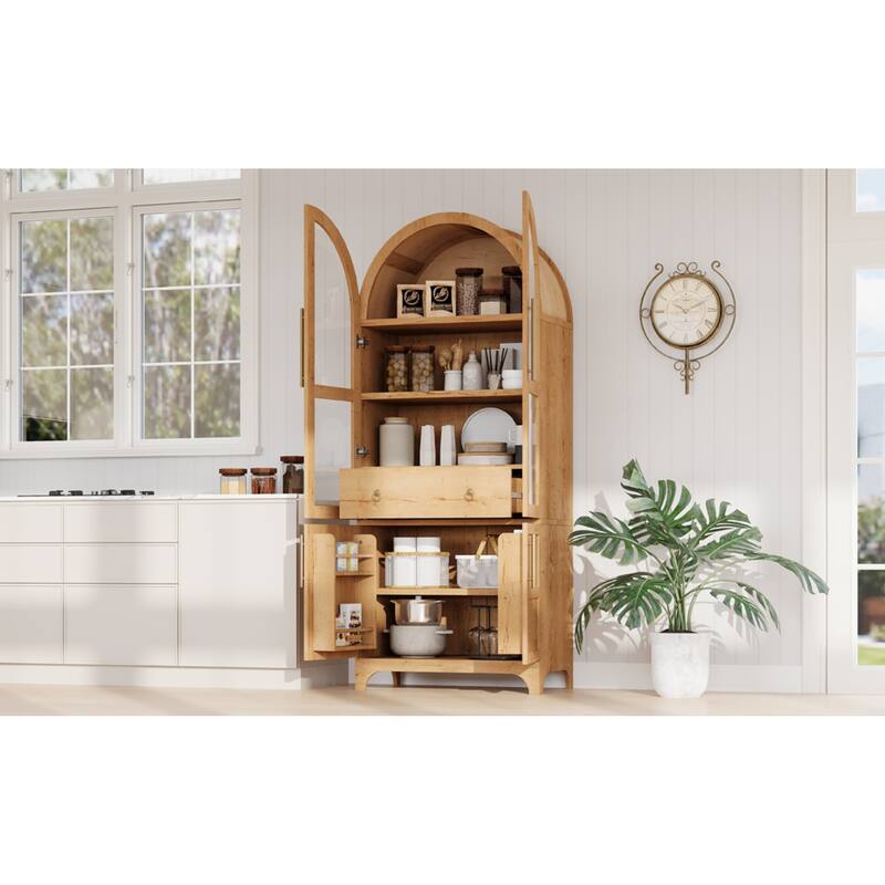 Roomfitters 71" Tall Arched Kitchen Pantry Cabinet with Glass Doors, Hidden Drawer & 4 Door Shelves
