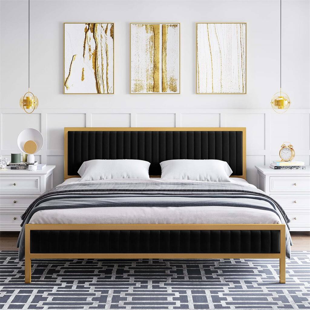 Queen Size Gold Metal Platform Bed with Headboard and Footboard