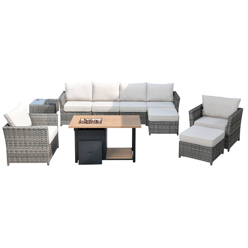 HOOOWOOO 10-piece Grey Wicker Patio Outdoor Furniture Set with Fire Pit