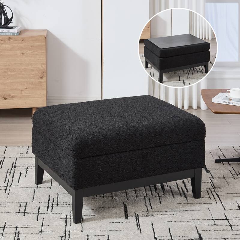 Roomfitters Storage Ottoman, Boucle Coffee Table Footstool with Reversible Lid and Wood Base for Living Room or Bedroom - Black+Black