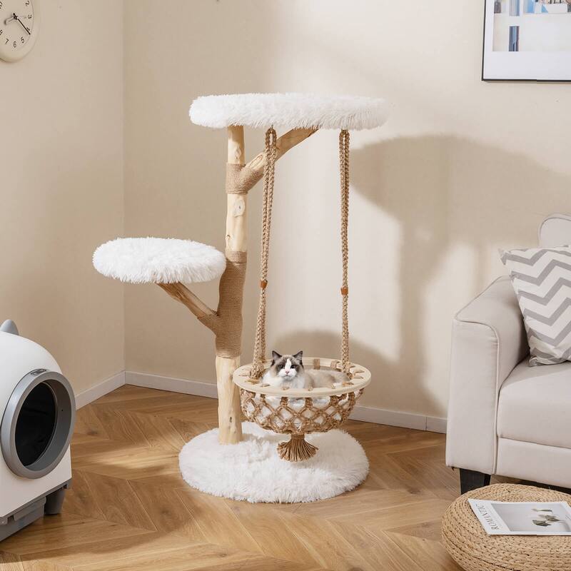Costway 48.5” Solid Wood Cat Tree with Hanging Cradle Jute Scratching - as pic shows - See Details
