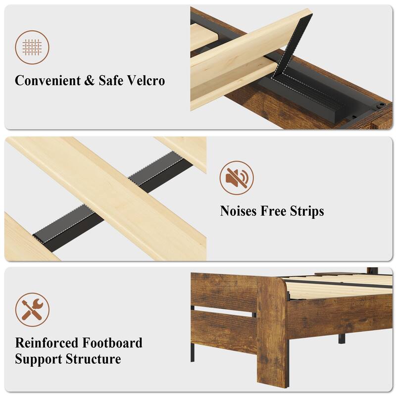 Farmhouse Wood Platform Bed Frame with Storage Headboard, LED Lights and Charging Station, Rustic Brown Bed