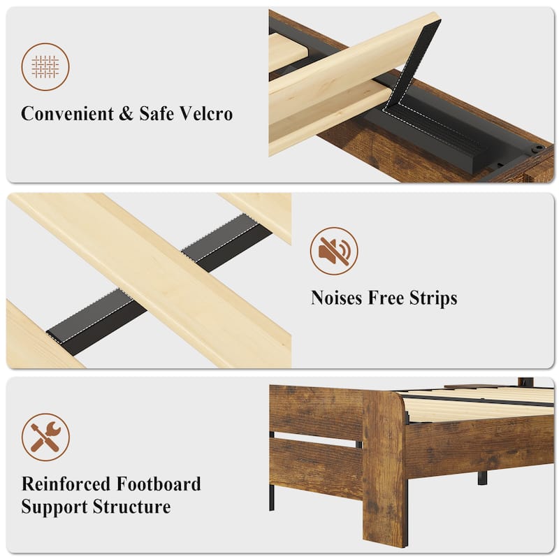 Wooden Platform Bed Industrial Bed Frame with Headboard/Small Night Light/Foldable Side Tables/Charging Station/Antique Natural