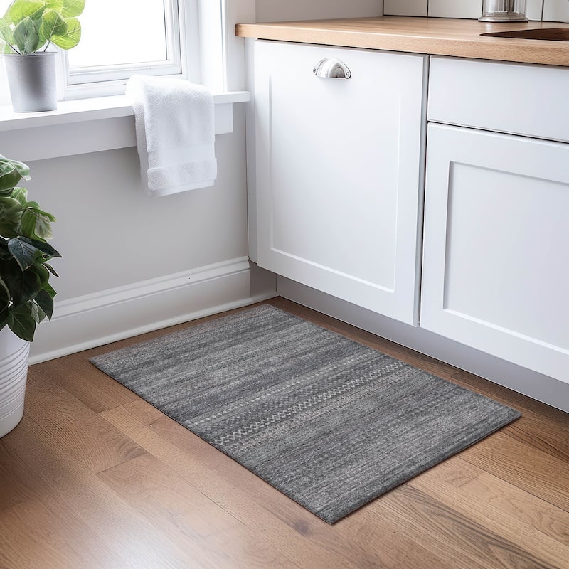 Machine Washable Indoor/ Outdoor Moroccan Stripes Chantille Rug - Gray - 1'8" x 2'6"