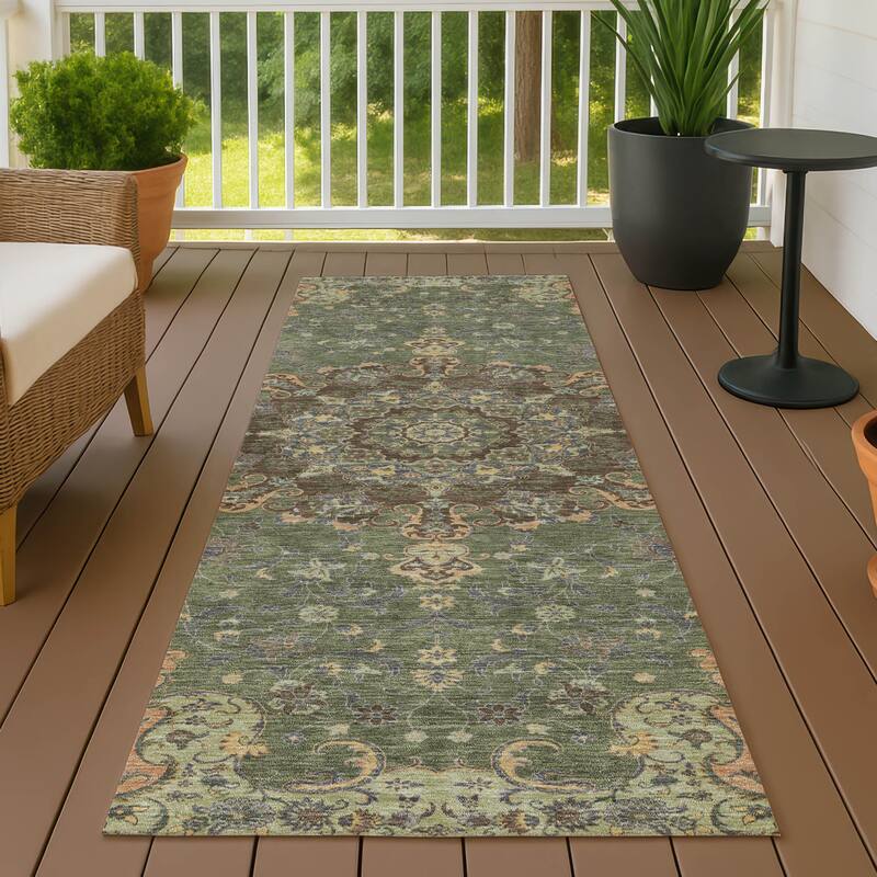 Machine Washable Indoor/ Outdoor Traditional Awaka Chantille Rug - Olive - 2'3" x 7'6"