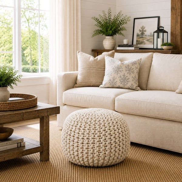 Casafield Dark Gray Knit Cotton Square 18.5 in. x 18.5 in. x 14.5 in. Pouf Foot Stool