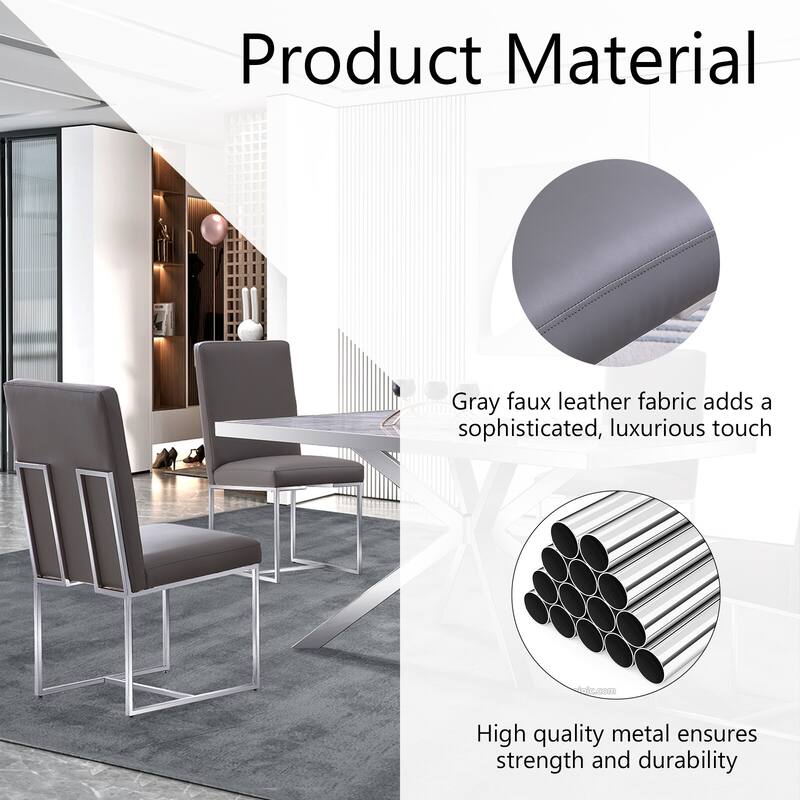 Modern Gray PU Leather Dining Chairs with Chrome Metal Legs