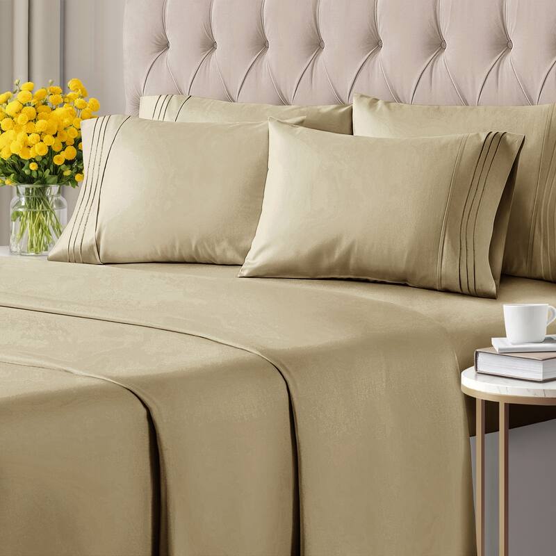 CGK Linens 6 Piece Solid Deep Pockets Microfiber, Easy-Fit Bed Sheet Set - Queen - Beige