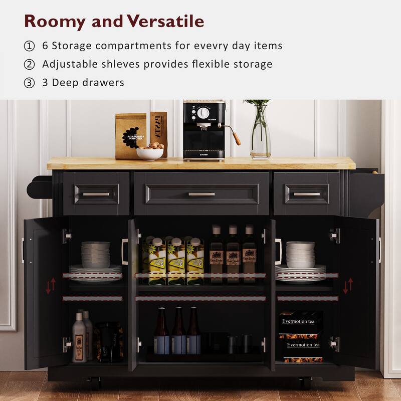 54 Inch Kitchen Island with Rubber Wood Drop Leaf and Rolling Cart Storage