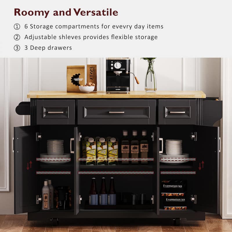 Modern Large Kitchen Island with Rubber Wood Drop Leaf, 3 Drawers Storage Cabinet, Bottom Rollers, Rolling Cart for Dining Room