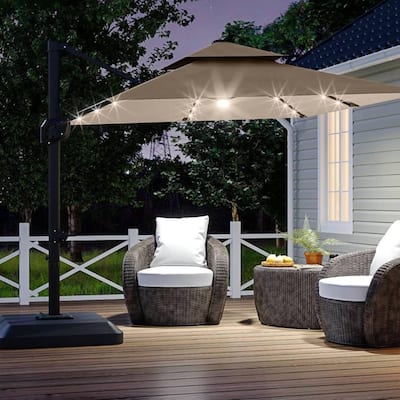 10' x 10' Cantilever Patio Umbrella with LED Lights & Weighted Base for Backyard, Deck, Pool