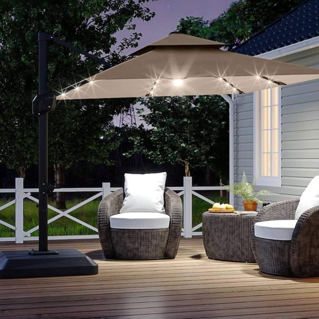 10' x 10' Cantilever Patio Umbrella with LED Lights & Weighted Base for Backyard, Deck, Pool