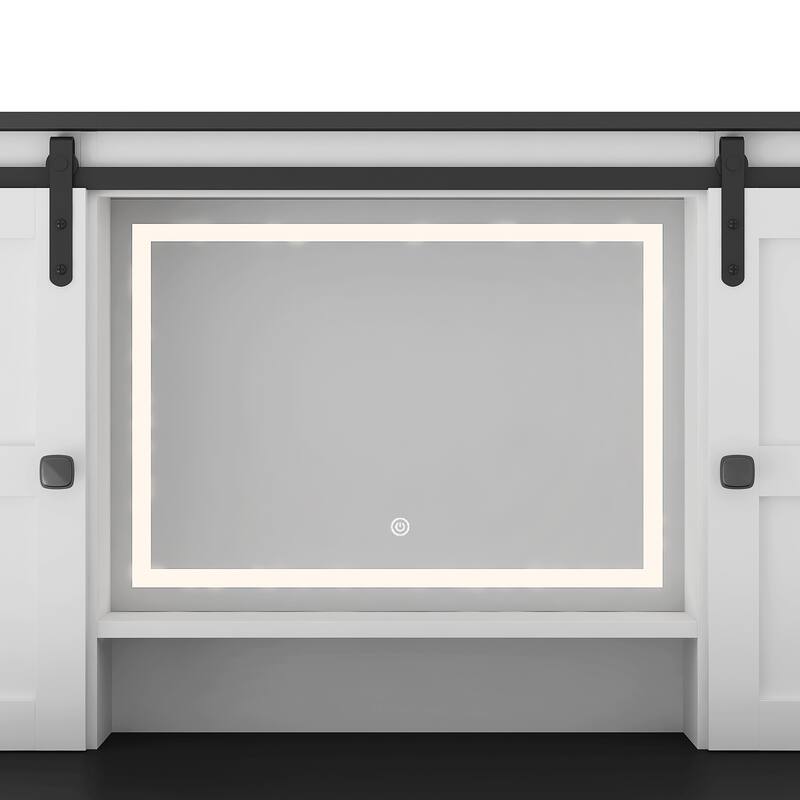 43" White Make-up Vanity Desk with Mirror and Lights for Bedroom, Farmhouse Dressing Table with Charging Station