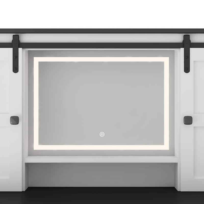 43" Wide Dressing Table with Lighted Mirror and Makeup Drawer, Large Modern Dressing Table Set with Hair Dryer Holder