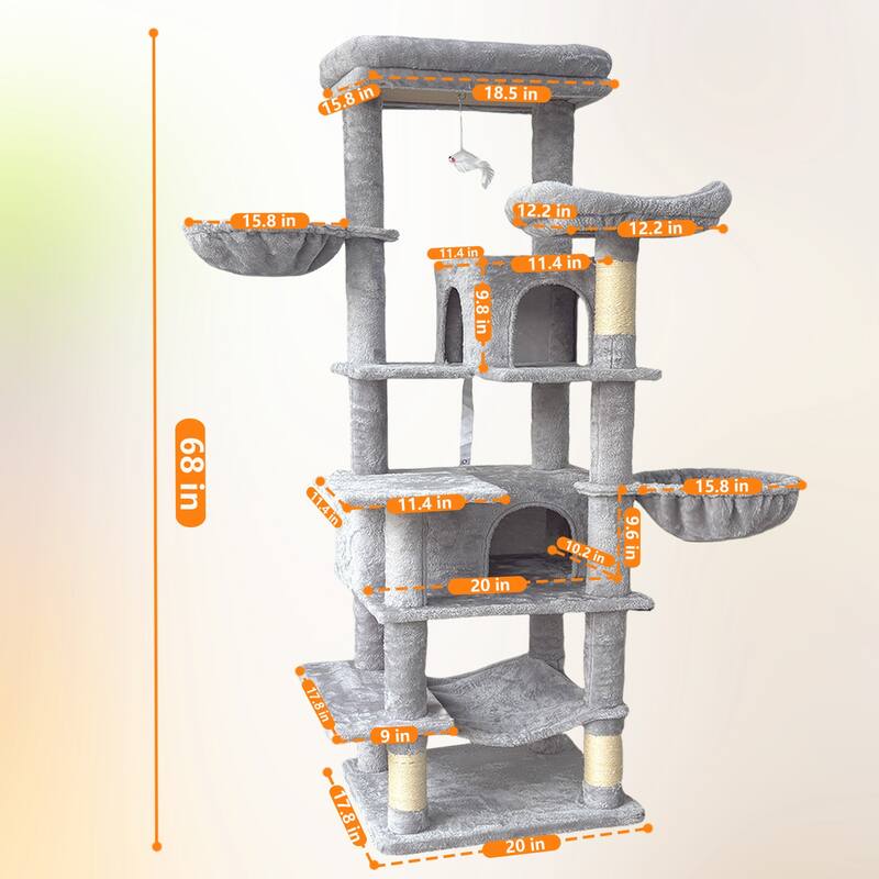 68 in Tall Multi-Level Green Cat Tree with Hammocks, Hanging Basket, Cat Cave, Removeable Cushion, Scratching Posts
