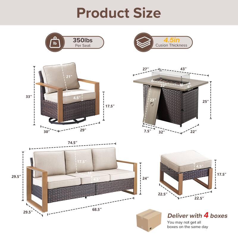 Meyreso Wicker Outdoor Patio Fire Pit Set with Swivel Gliders & 4.5" Olefin Cushions