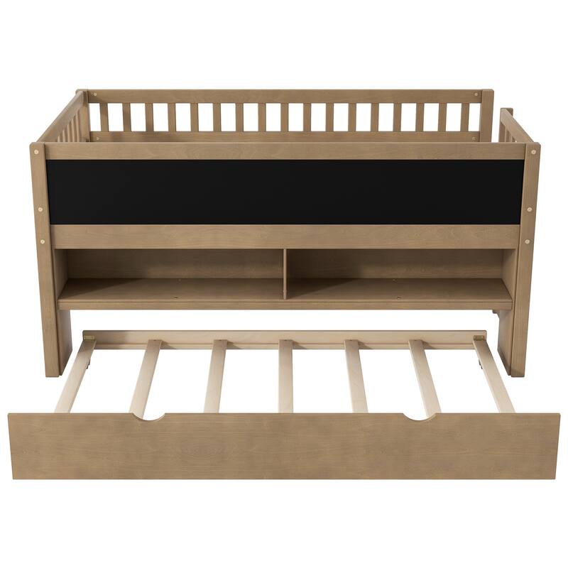 Twin Size Low Loft Bed with Trundle, Solid Wood Bed Frame with Storage Shelves & Blackboard, Space-Saving Design for Small Rooms