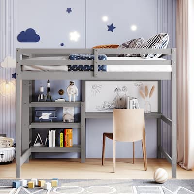Full Size Wooden Loft Bed with Desk, Shelves, and Writing Board