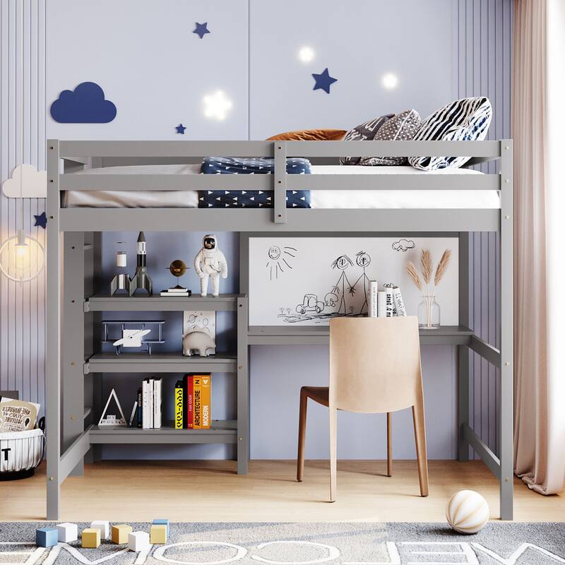 Wooden Twin/Full Size High Loft Bed with Built-in Desk and Shelves